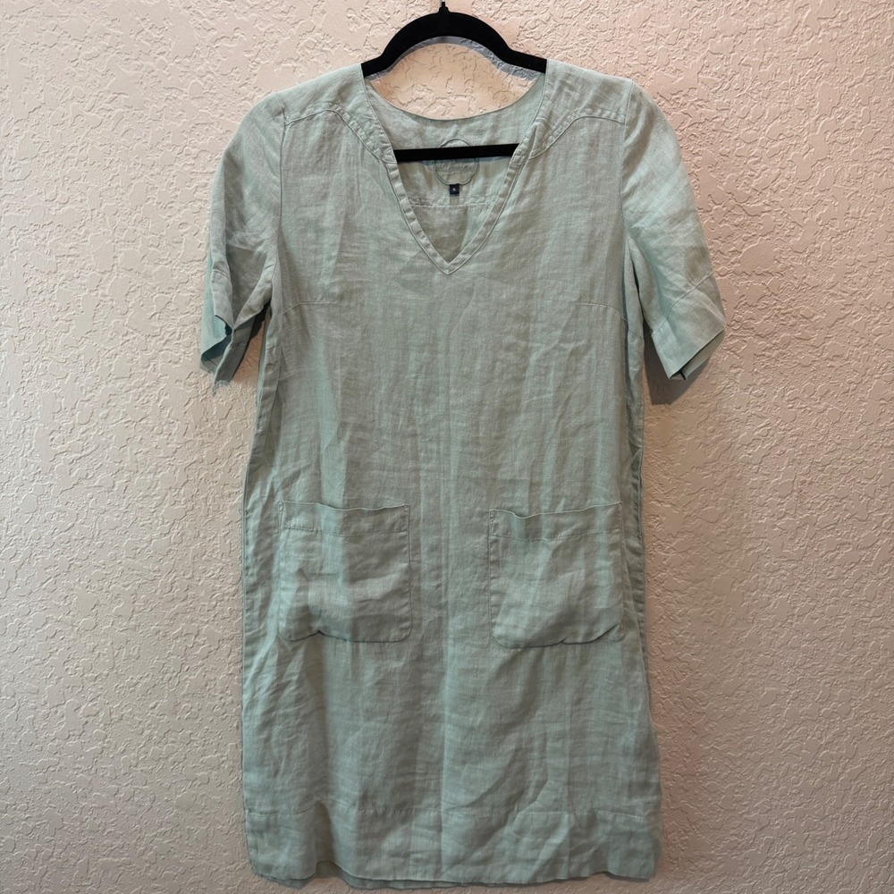 Blue Lemon Linen V-Neck Pocket Shift Dress Small Sage Green Cottagecore Boho